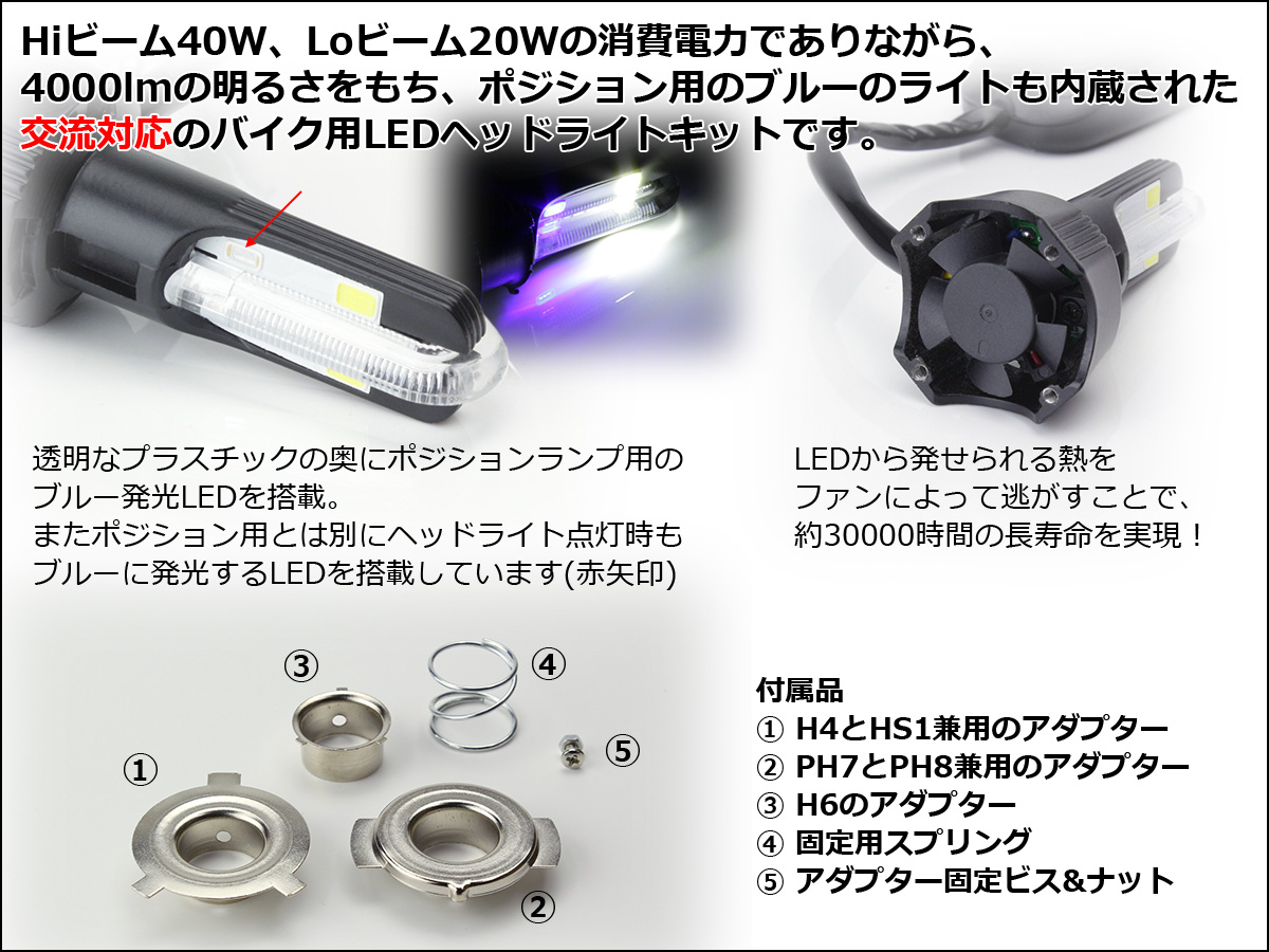 交流対応 LEDヘッドライト バルブ ハイビーム40W/ロービーム20W 4000lm Hi/Lo切替 ブルーポジション付 ホワイト発光